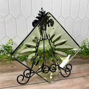 Sunflower Daisy Square Avocado Green Glass Candy Nut Dish Bowl Vintage